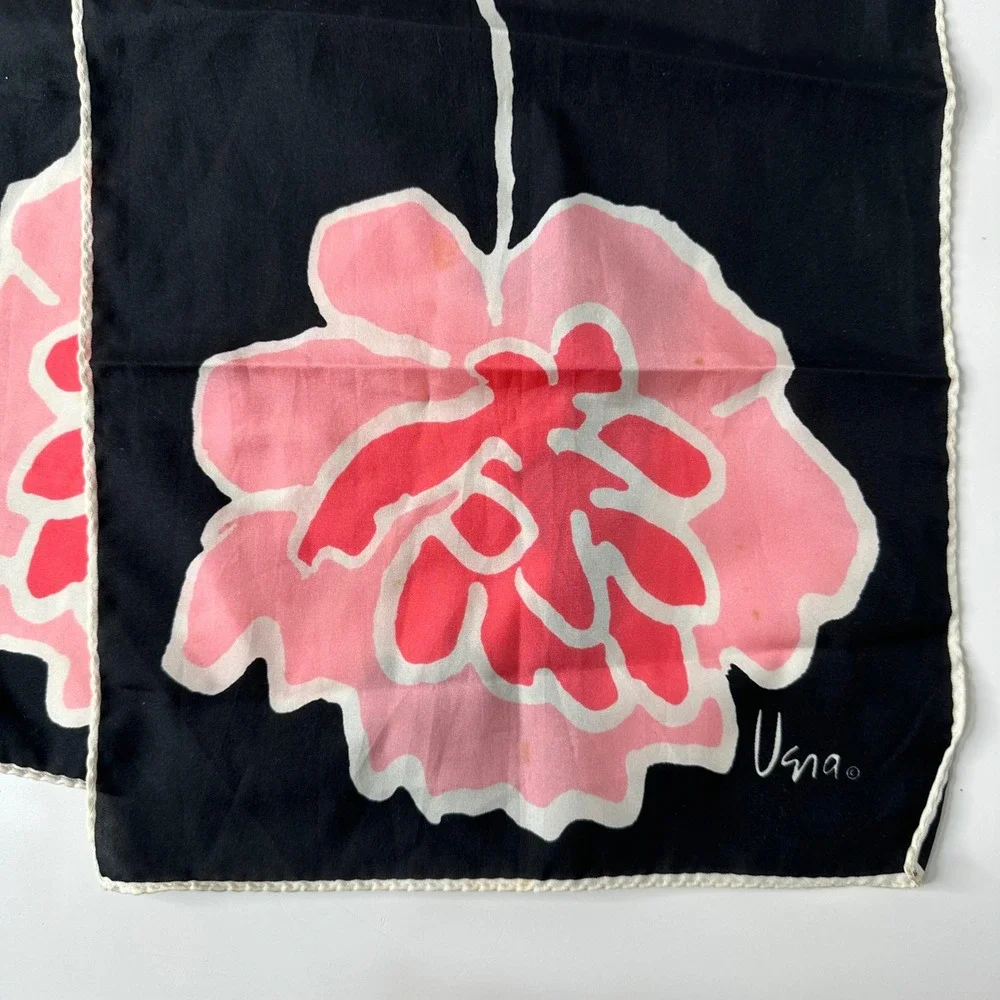 Vtg Vera Neumann Silk? Scarf Black Pink Mod Floral Mid Century Hand Rolled READ